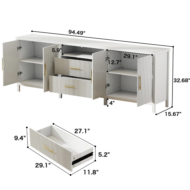 Pemberly Row Modern Fluted TV Stand for TVs up to 100 in White