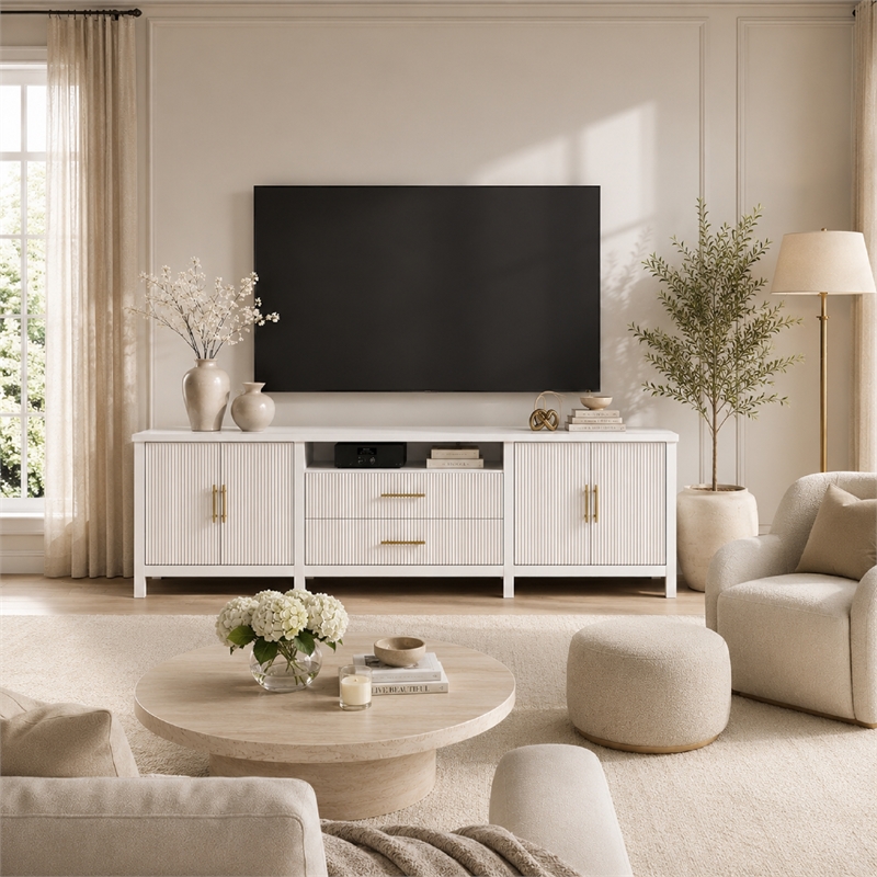 Pemberly Row Modern Fluted TV Stand for TVs up to 100 in White