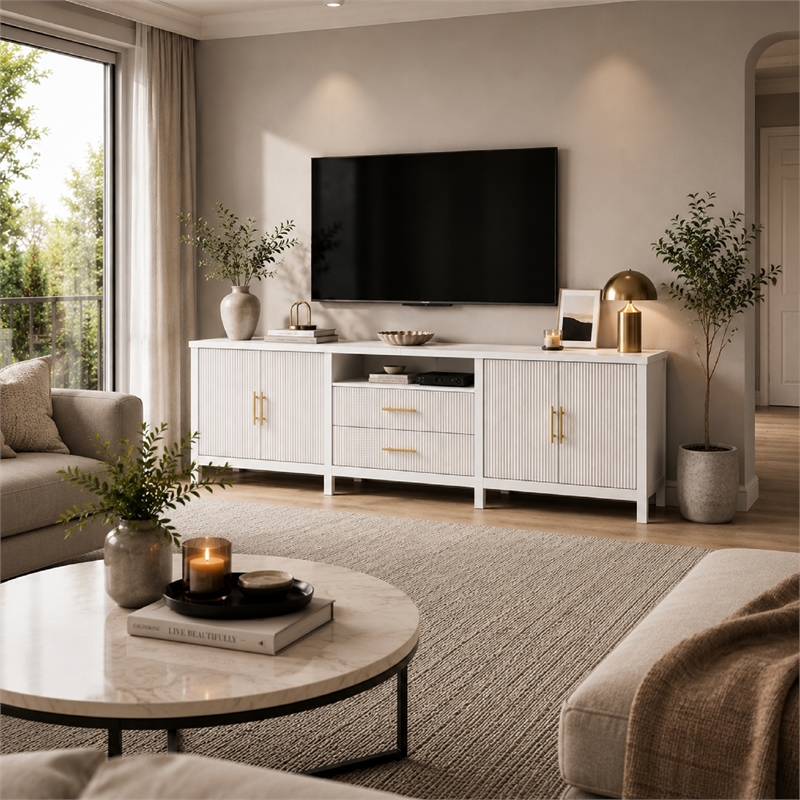 Pemberly Row Modern Fluted TV Stand for TVs up to 100 in White