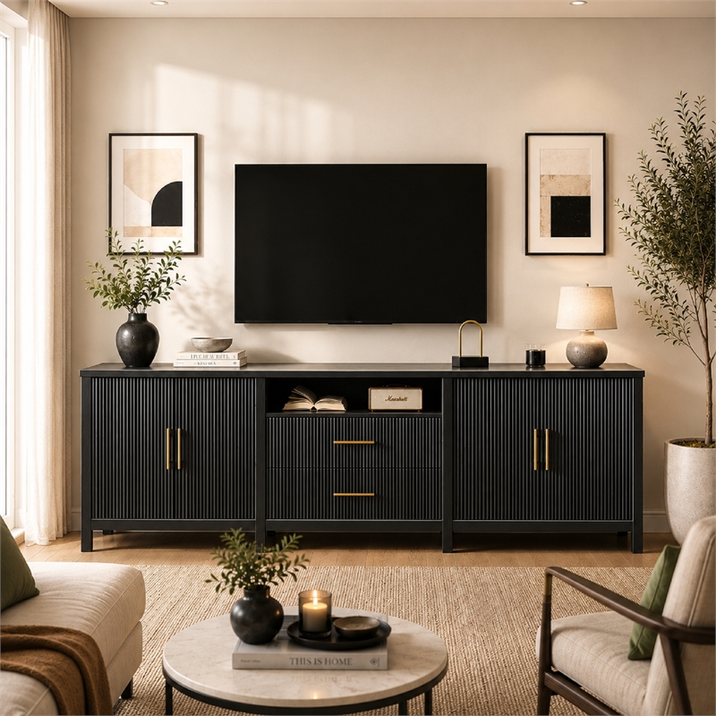 Pemberly Row Modern Fluted TV Stand for TVs up to 100 in Black