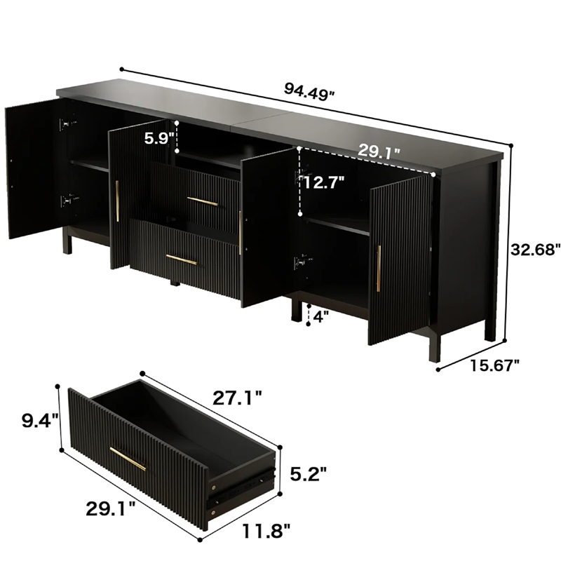 Pemberly Row Modern Fluted TV Stand for TVs up to 100 in Black