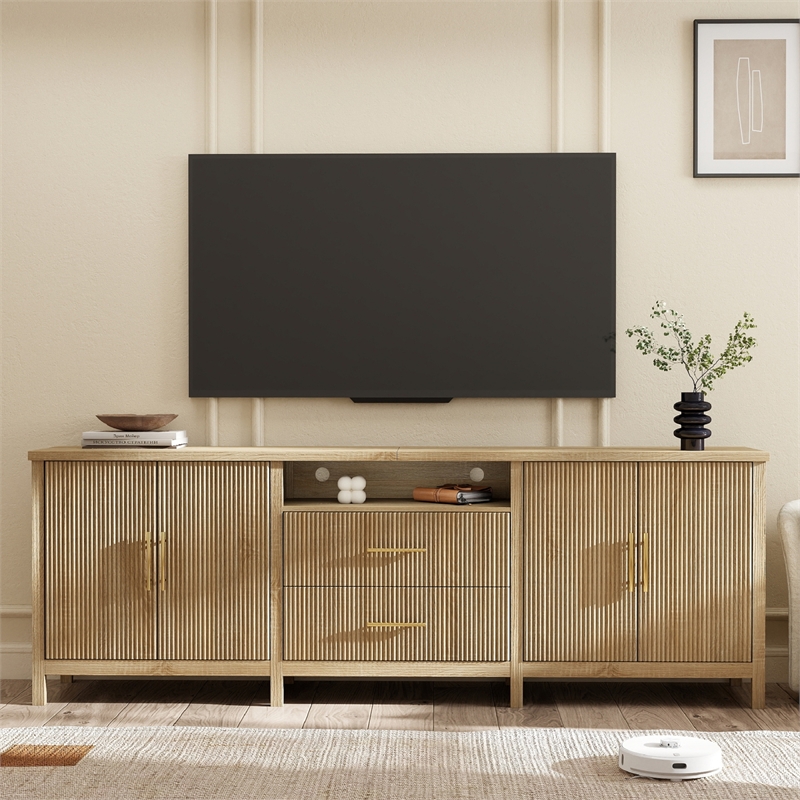 Pemberly Row Modern Fluted TV Stand for TVs up to 100 in Light Wood