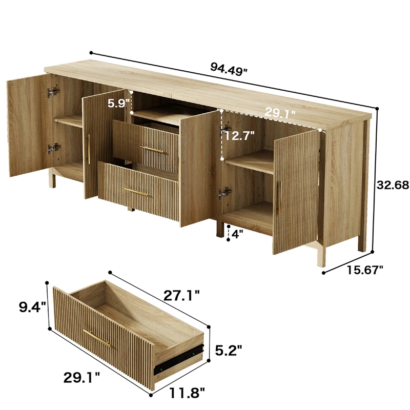 Pemberly Row Modern Fluted TV Stand for TVs up to 100 in Light Wood