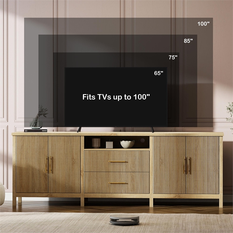 Pemberly Row Modern Fluted TV Stand for TVs up to 100 in Light Wood