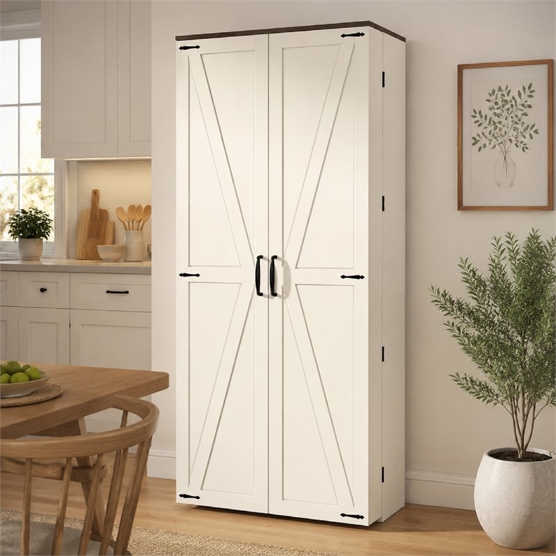 Pemberly Row Farmhouse Pantry Cabinet with LED Barn Doors in Cream