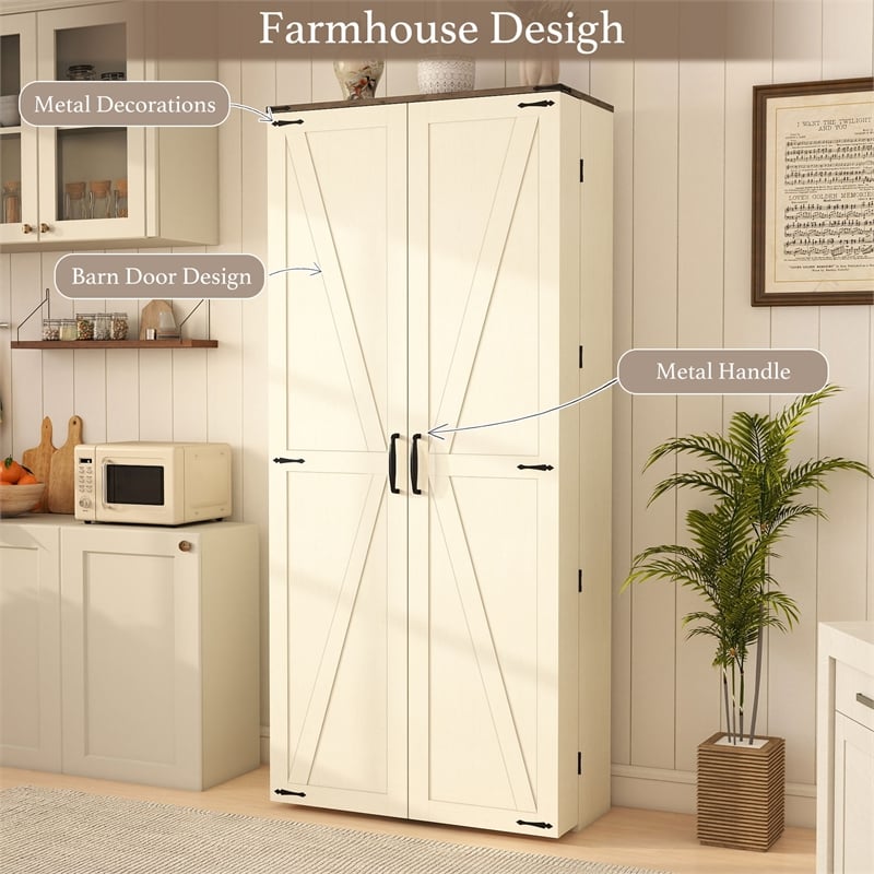 Pemberly Row Farmhouse Pantry Cabinet with LED Barn Doors in Cream