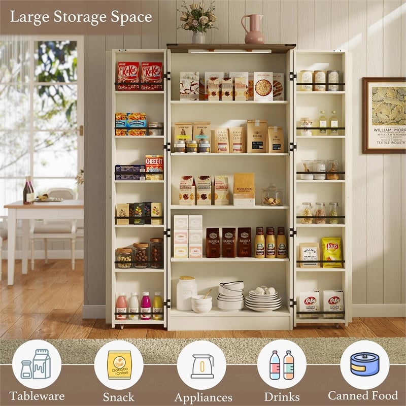 Pemberly Row Farmhouse Pantry Cabinet with LED Barn Doors in Cream