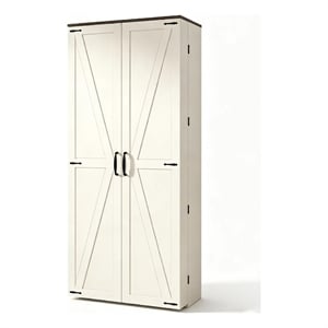 Pemberly Row Farmhouse Pantry Cabinet with LED Barn Doors in Cream