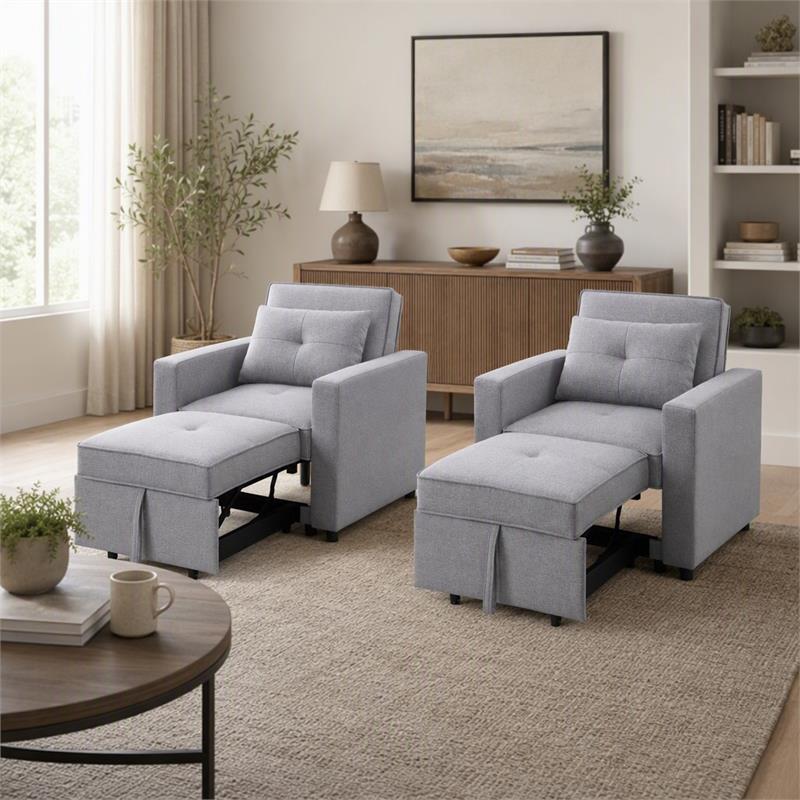 Pemberly Row Convertible Sleeper Chairs - Set of 2 in Light Gray Linen