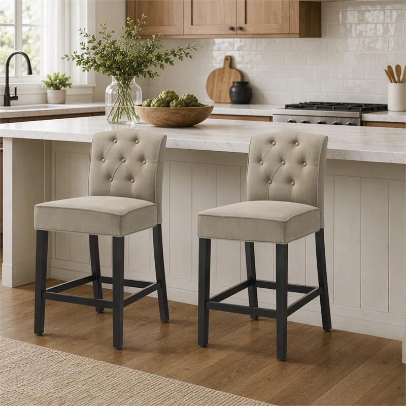 Pemberly Row Set of 2 Beige Fabric Counter Height Chairs with Black Finish Legs
