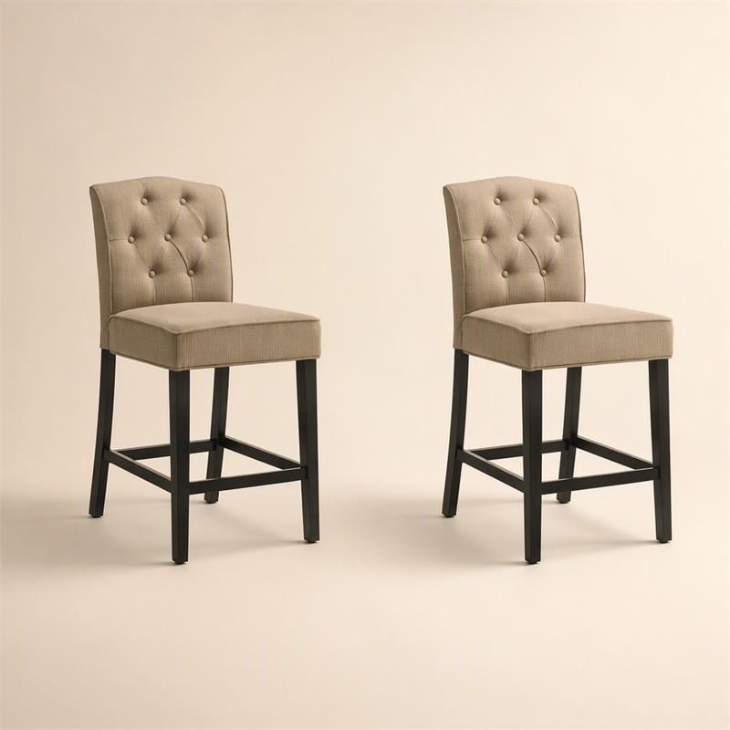 Pemberly Row Set of 2 Beige Fabric Counter Height Chairs with Black Finish Legs