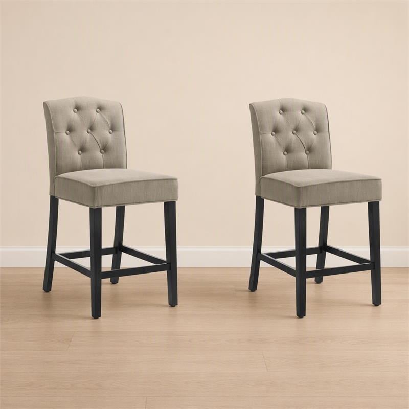 Pemberly Row Set of 2 Beige Fabric Counter Height Chairs with Black Finish Legs