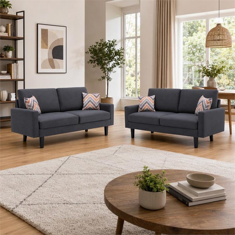 pemberly row 2pc dark gray linen fabric sofa set with accent pillows