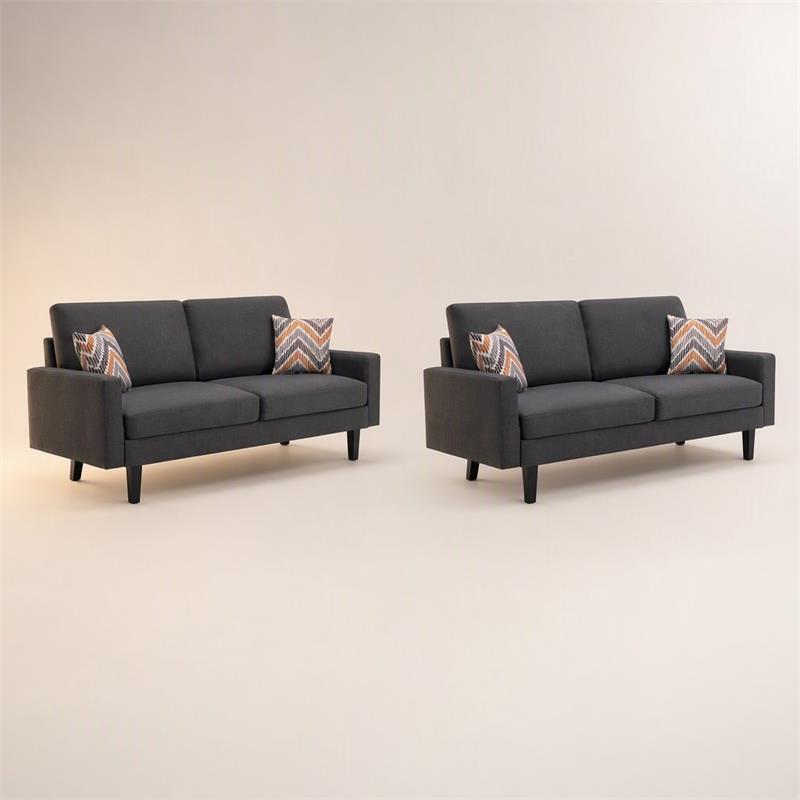 pemberly row 2pc dark gray linen fabric sofa set with accent pillows