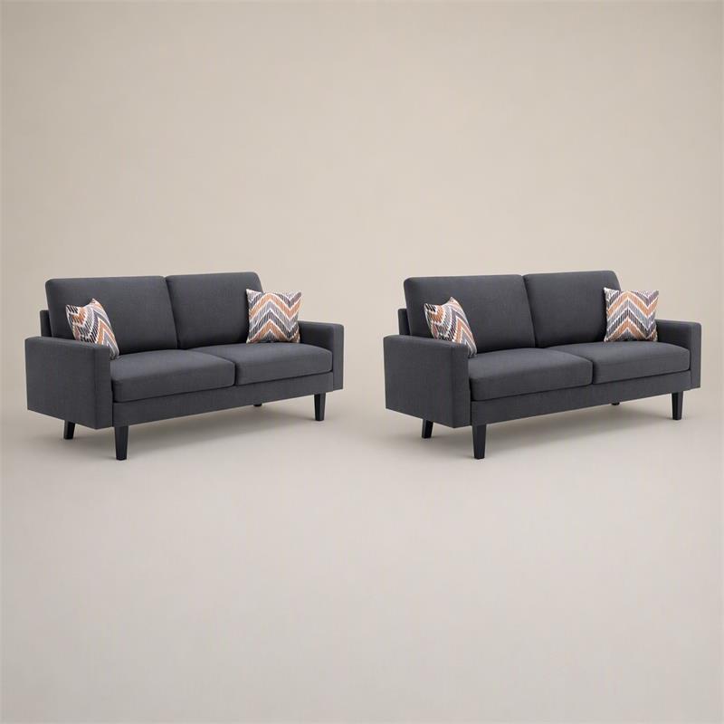 pemberly row 2pc dark gray linen fabric sofa set with accent pillows