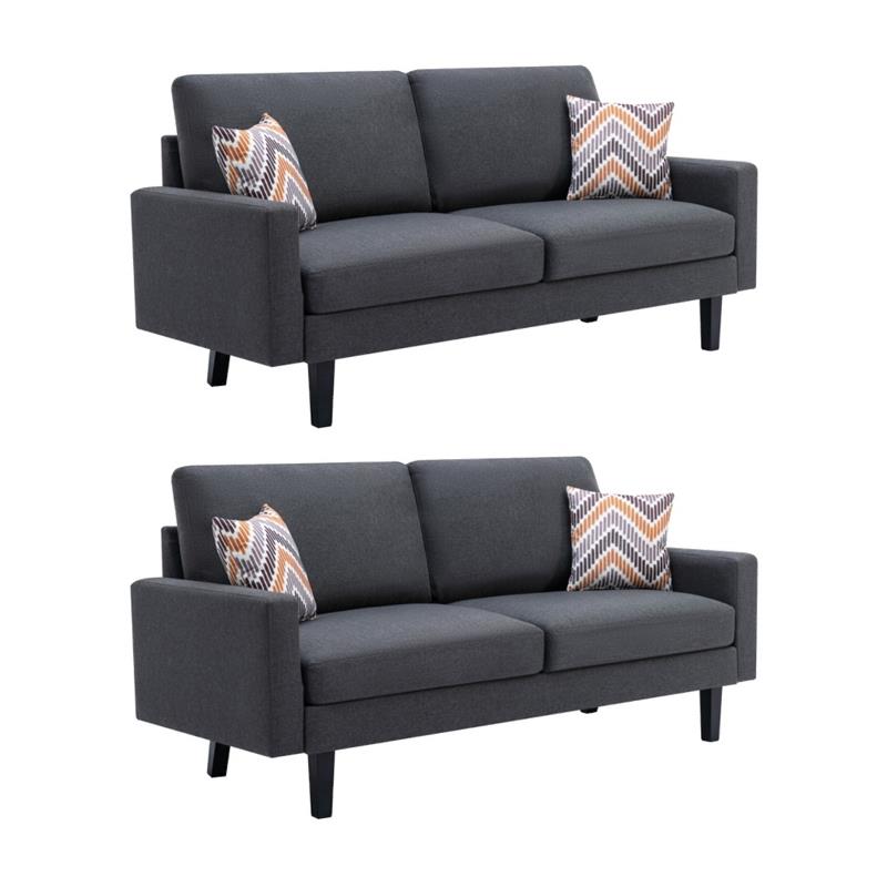Pemberly Row 2Pc Dark Gray Linen Fabric Sofa Set with Accent Pillows