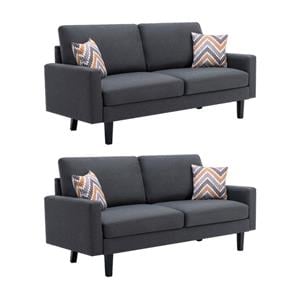 Pemberly Row 2Pc Dark Gray Linen Fabric Sofa Set with Accent Pillows