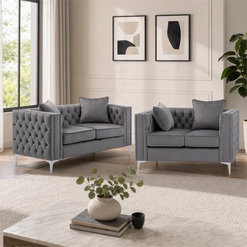 Pemberly Row Loveseat Set in Gray with Button Tufted Design - Set of 2
