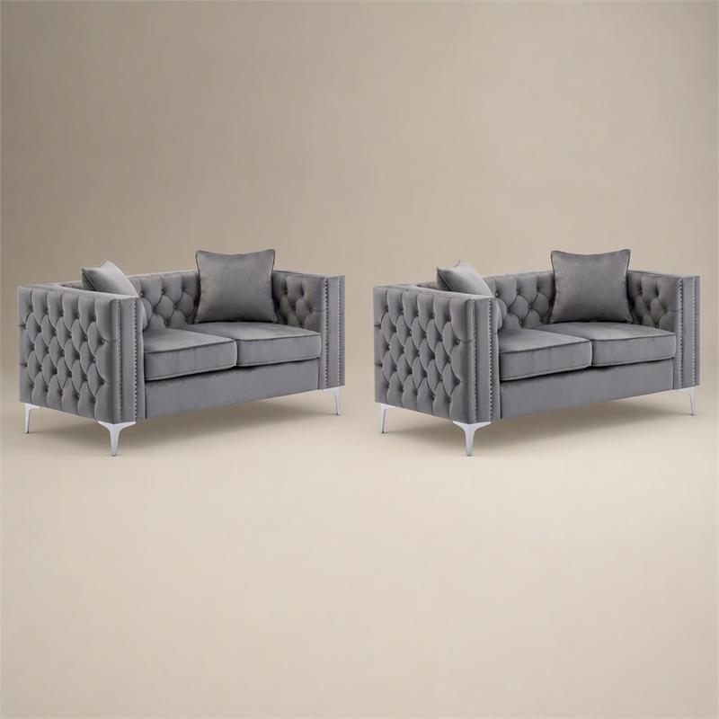 Pemberly Row Loveseat Set in Gray with Button Tufted Design - Set of 2