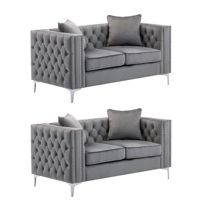 Pemberly Row Loveseat Set in Gray with Button Tufted Design - Set of 2