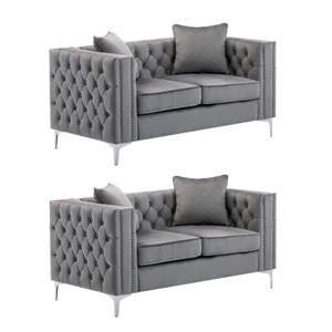 Pemberly Row Loveseat Set in Gray with Button Tufted Design - Set of 2
