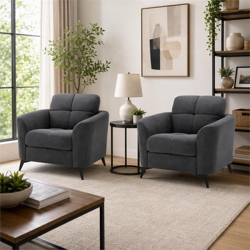 Pemberly Row Set of 2 Gray Woven Fabric Chairs with Tufted Cushions