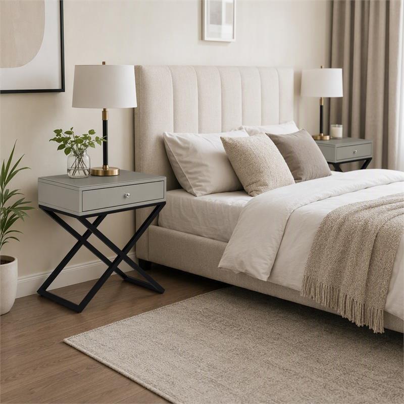 Pemberly Row Set of 2 Taupe Gray Side Tables with Glass Top and Metal Cross Base
