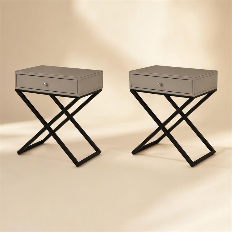Pemberly Row Set of 2 Taupe Gray Side Tables with Glass Top and Metal Cross Base