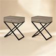 Pemberly Row Set of 2 Taupe Gray Side Tables with Glass Top and Metal Cross Base