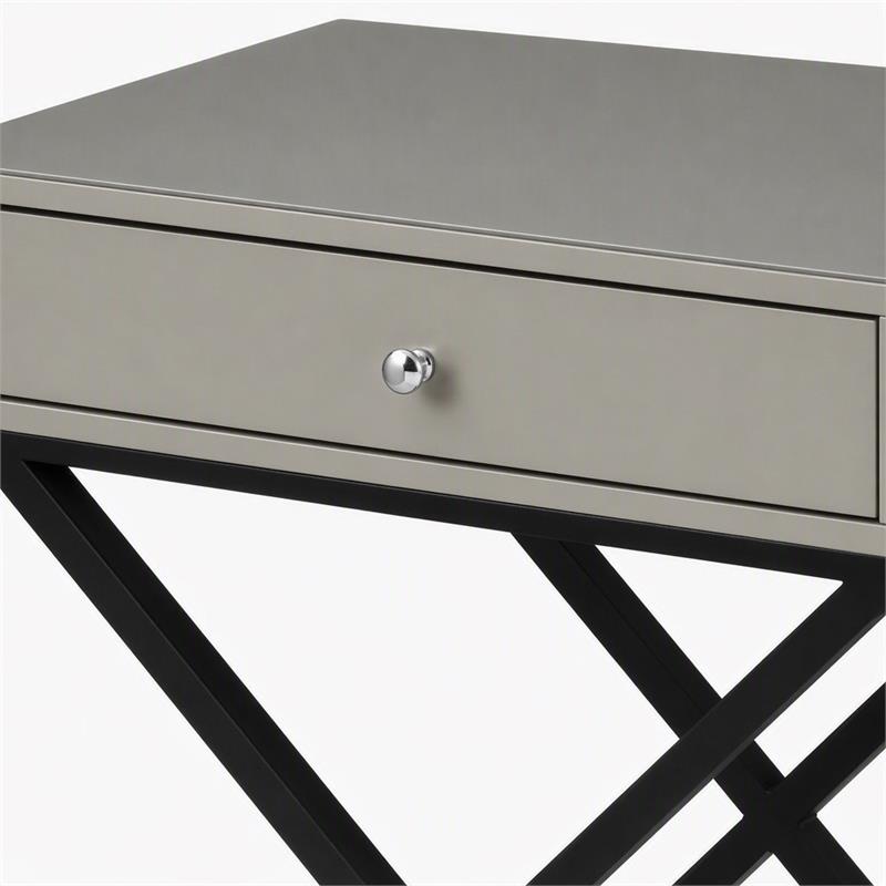 Pemberly Row Set of 2 Taupe Gray Side Tables with Glass Top and Metal Cross Base