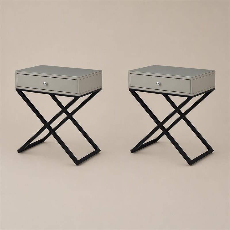 Pemberly Row Set of 2 Taupe Gray Side Tables with Glass Top and Metal Cross Base