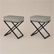 Pemberly Row Set of 2 Taupe Gray Side Tables with Glass Top and Metal Cross Base