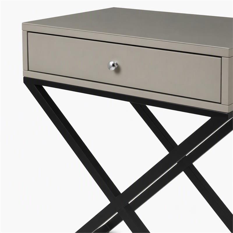 Pemberly Row Set of 2 Taupe Gray Side Tables with Glass Top and Metal Cross Base