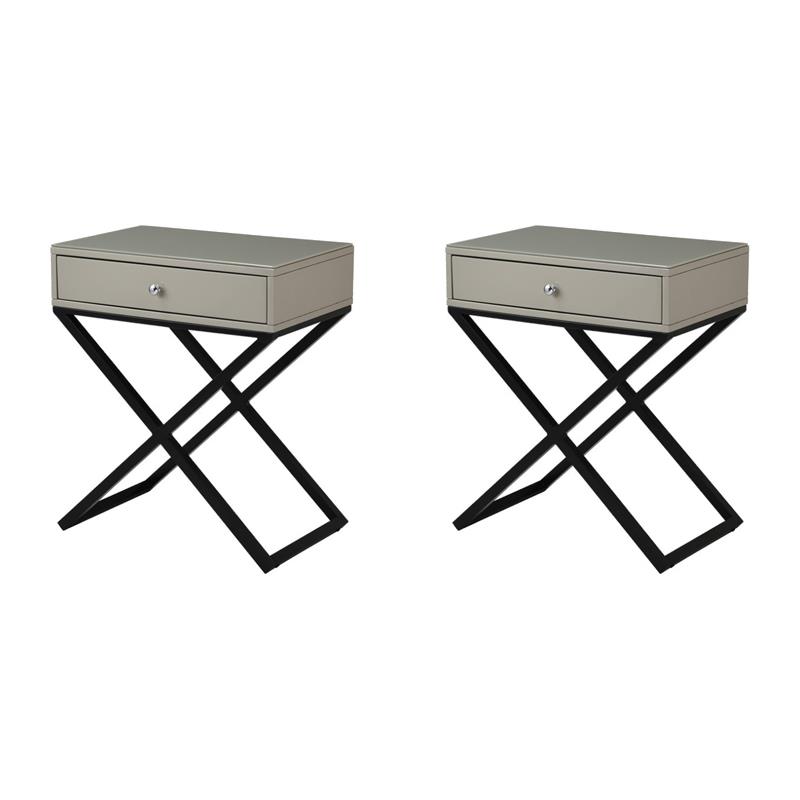 Pemberly Row Set of 2 Taupe Gray Side Tables with Glass Top and Metal Cross Base