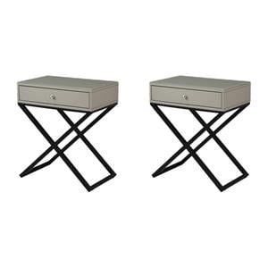 Pemberly Row Set of 2 Taupe Gray Side Tables with Glass Top and Metal Cross Base