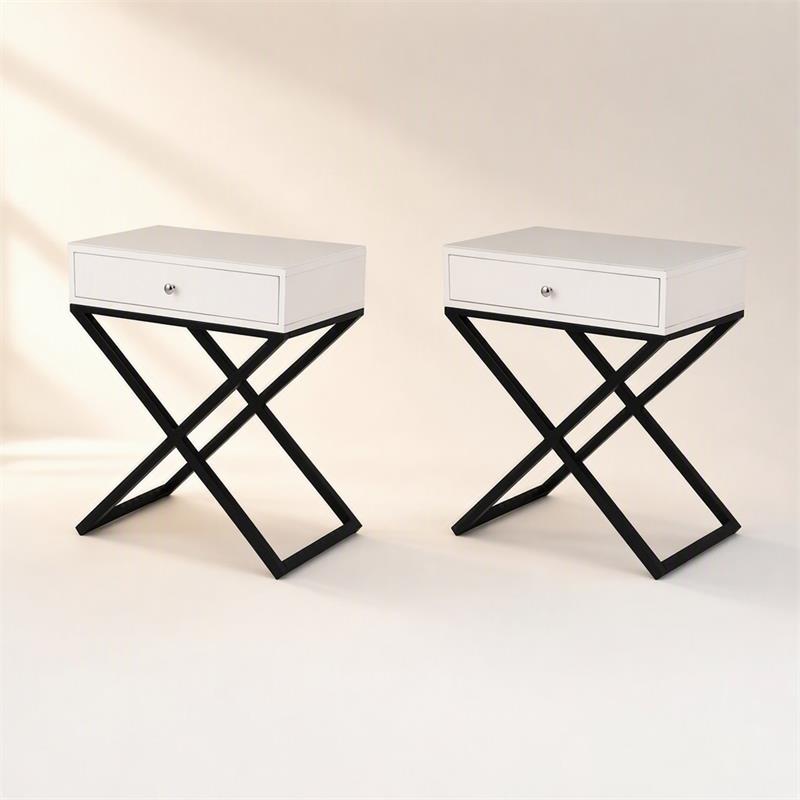Pemberly Row Set of 2 White Side Tables with Glass Top