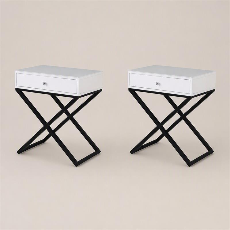 Pemberly Row Set of 2 White Side Tables with Glass Top