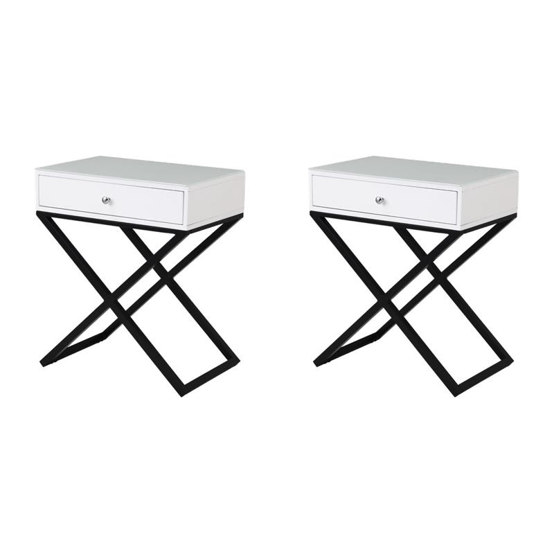 Pemberly Row Set of 2 White Side Tables with Glass Top