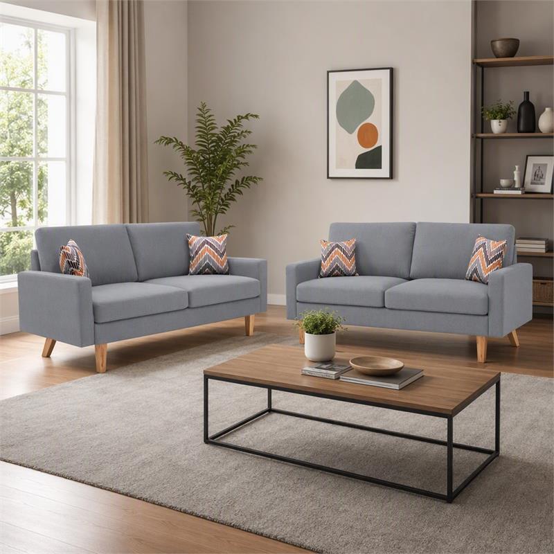 Pemberly Row Set of 2 Gray Linen Fabric Sofas with Square Arms and Throw Pillows