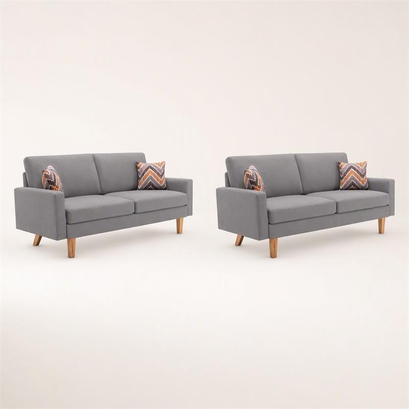 Pemberly Row Set of 2 Gray Linen Fabric Sofas with Square Arms and Throw Pillows