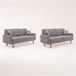 Pemberly Row Set of 2 Gray Linen Fabric Sofas with Square Arms and Throw Pillows