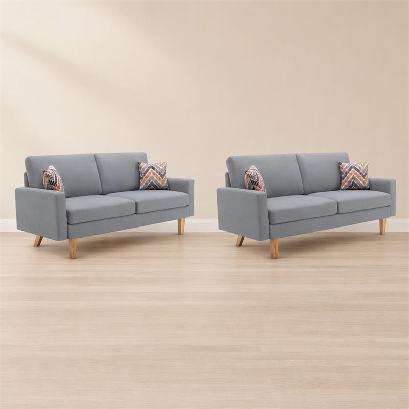 Pemberly Row Set of 2 Gray Linen Fabric Sofas with Square Arms and Throw Pillows