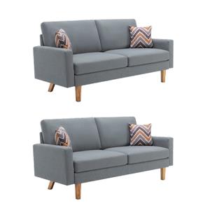 Pemberly Row Set of 2 Gray Linen Fabric Sofas with Square Arms and Throw Pillows