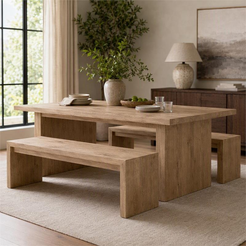 Pemberly Row Set of 2 Wooden Dining Benches in Oak Finish