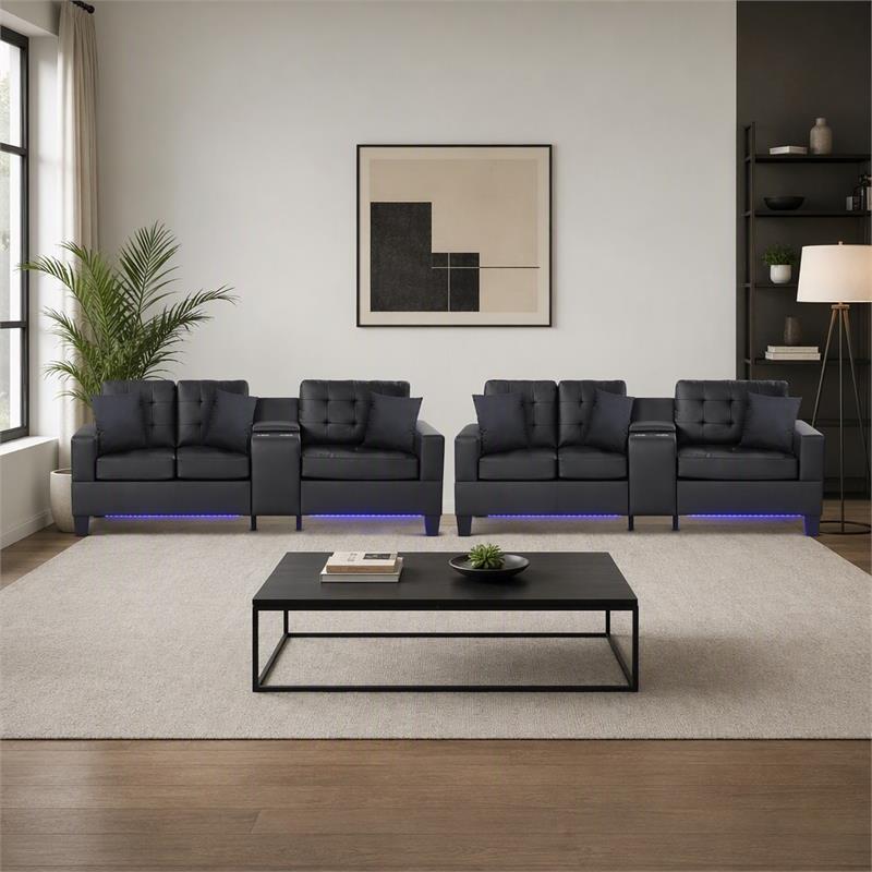 Pemberly Row 4-Piece Living Room Set with Sofa and Loveseat in Black PVC