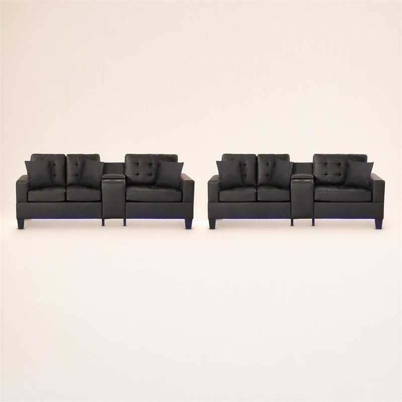 Pemberly Row 4-Piece Living Room Set with Sofa and Loveseat in Black PVC