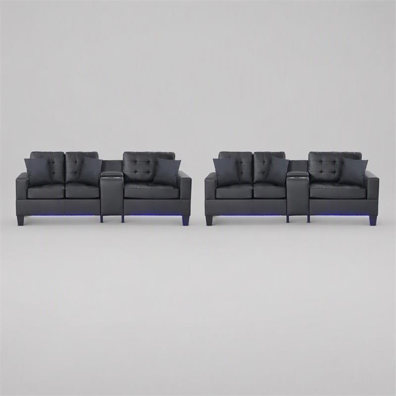 Pemberly Row 4-Piece Living Room Set with Sofa and Loveseat in Black PVC