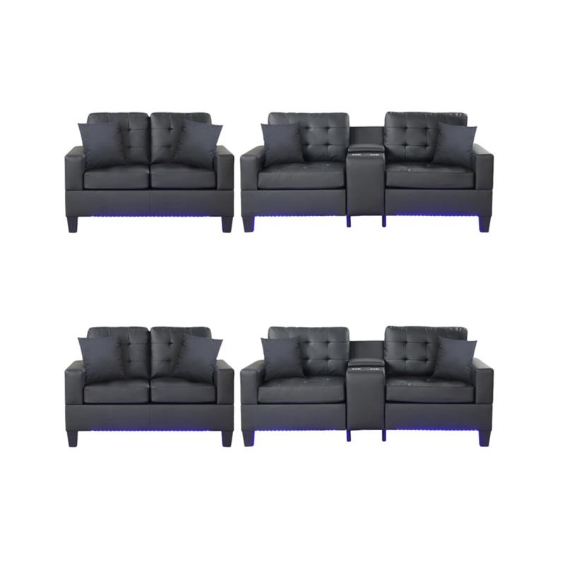 Pemberly Row 4-Piece Living Room Set with Sofa and Loveseat in Black PVC