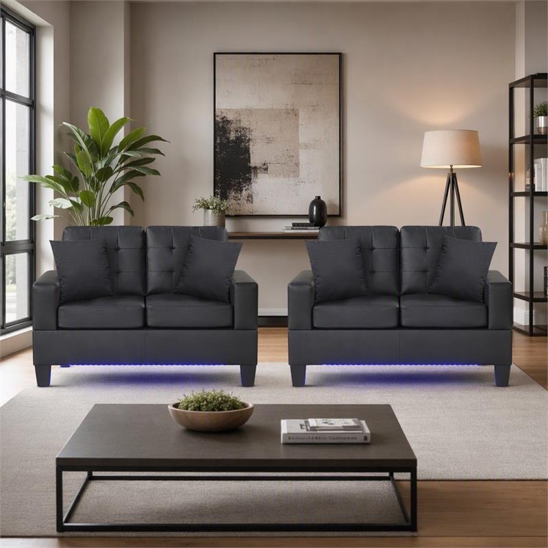 Pemberly Row Set of 2 Black PVC Fabric Loveseats with LED Lights