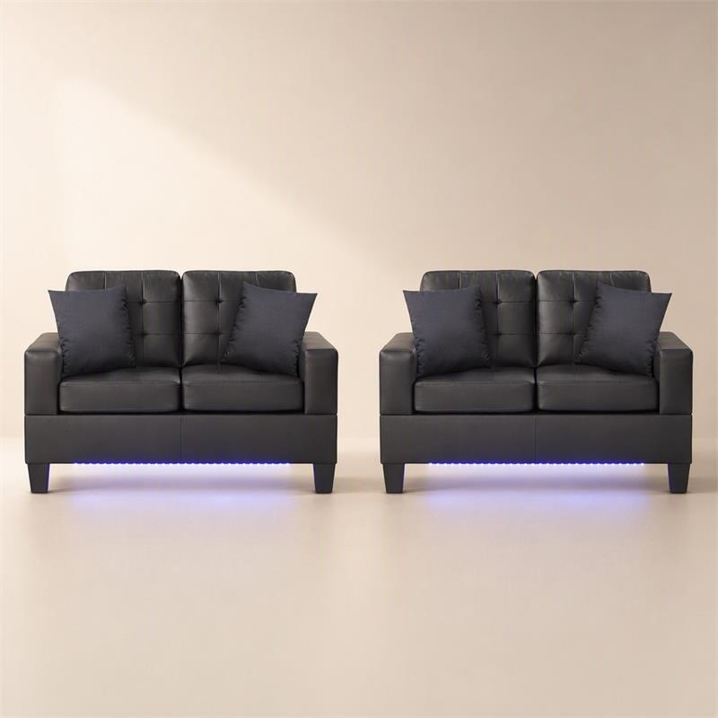 Pemberly Row Set of 2 Black PVC Fabric Loveseats with LED Lights